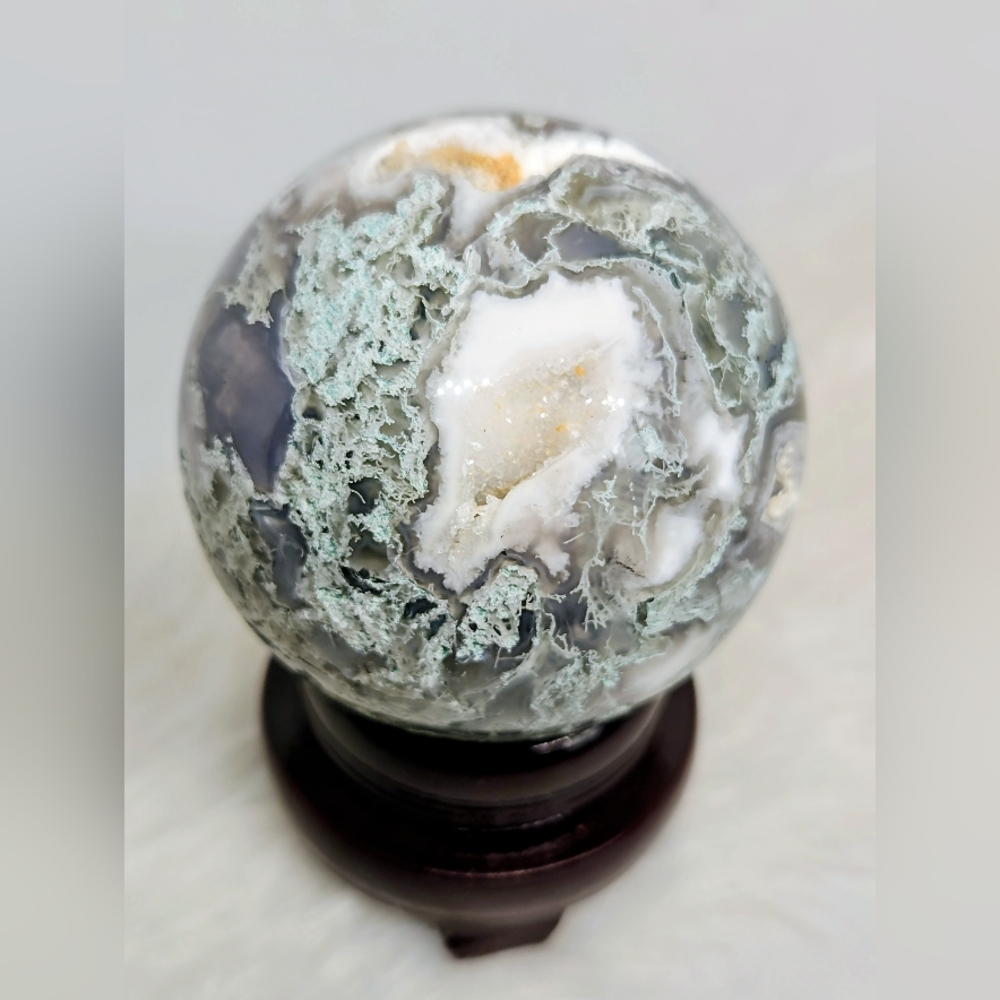 🌿 Druzy Moss Agate Crystal Sphere | Natural Sparkle & Earthy Energy ✨